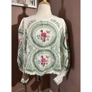 ASOS Long Sleeve Blouse Womens Size 10 Cotton Linen Lace Trim Embroidery New